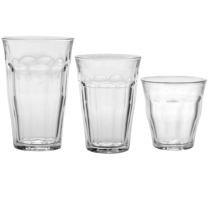 Duralex Le Picardie. Clear Glass Tumblers in Large, Medium, and Small. Les verres en verre transparent de grande taille, taille moyenne et petite taille.