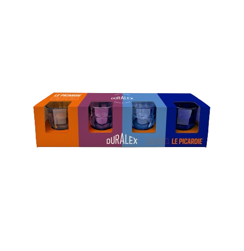 Duralex Le Picardie. Four glass tumblers in amber yellow, plum purple, marine blue, and sapphire blue- packaged to be gifted. Quatre verres en verre jaune ambré, violet prune, bleu marine et bleu saphir – emballés pour être offerts.