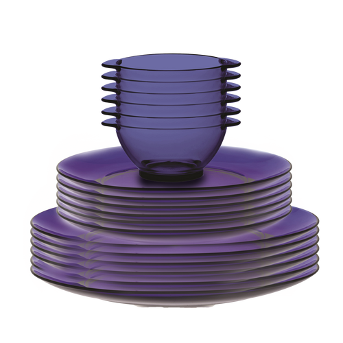 Duralex Lys. 18 Piece Dinnerware Set. Six sapphire blue glass dinner plates, dessert plates, and bowls with handles. Ensemble de vaisselle de 18 pièces. Six assiettes à dîner en verre bleu saphir, six assiettes à dessert en verre bleu saphir, et six bols à oreilles en verre bleu saphir.