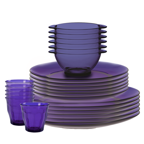 Duralex Lys. 24 Piece Sapphire Blue Dinnerware Set. Six Sapphire blue glass dinner plates, dessert plates, bowls with handles, and medium sized tumblers that have a beveled sides. Ensemble de vaisselle bleu saphir de 18 pièces. Six assiettes à dîner en verre bleu saphir, six assiettes à dessert en verre bleu saphir, six bols à oreilles en verre bleu saphir, et six tumblers de taille moyenne avec des côtés biseautés.