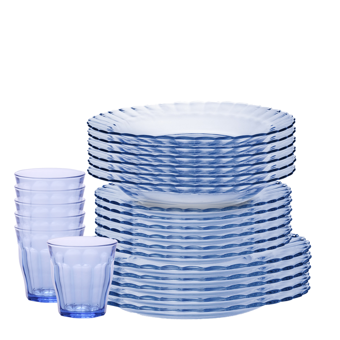 Duralex Le Picardie. 24 Piece Marine Blue Glass Dinnerware Tableware Set- Dinner Plates, Dessert Plates, Soup Bowls and Tumblers. L'ensemble de vaisselle en verre bleu marine de 24 pièces - des assiettes à dîner, des assiettes à dessert, des bols à soupe et des verres.