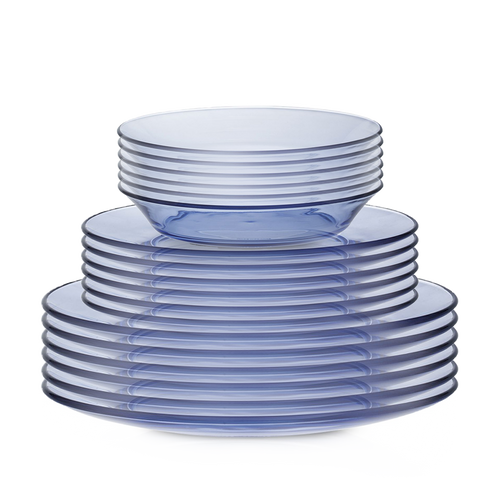 Duralex Lys. 18 Piece Blue Marine Dinnerware set. Six blue marine glass dinnerplates, six blue marine glass dessert plates, six blue marine soup bowls. Ensemble de vaisselle de 18 pièces bleu marine. Six assiettes à dîner en verre bleu marine, six assiettes à dessert en verre bleu marine, six bols à soupe en verre bleu marine.