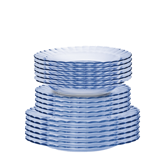 Duralex Le Picardie. 18 Piece Marine Blue Glass Dinnerware Set- Dinner Plates, Dessert Plates, and Bowls. L'ensemble de vaisselle en verre bleu marine de 18 pièces - des assiettes à dîner, des assiettes à dessert et des bols.