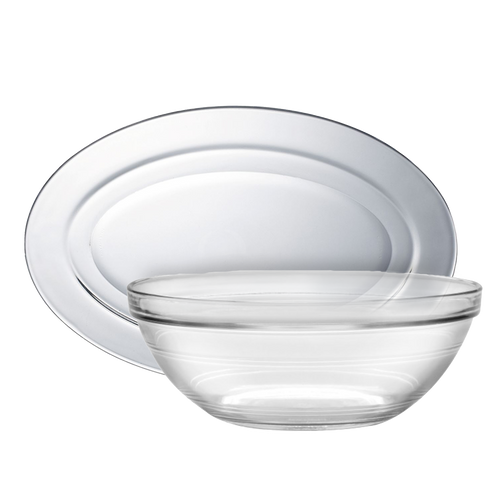Duralex Lys. The stylish and minimalist clear glass serving platter -36cm, and clear glass salad bowl -23cm. Le plat de service en verre transparent chic et minimaliste de 36 cm, et le bol à salade en verre transparent de 23 cm.
