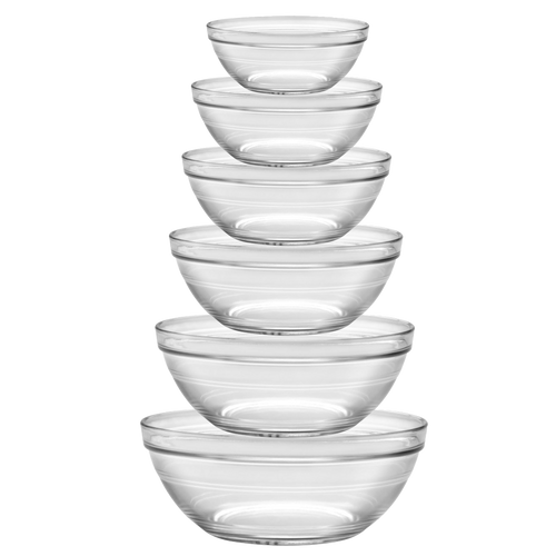 Duralex Le Gigogne. Six Clear Glass Stackble Salad and Mixing Bowls. Six bols à salade et à mélanger empilables en verre transparent.
