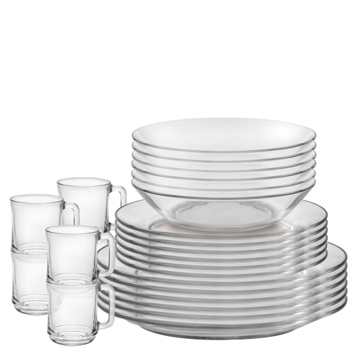 Duralex Lys. 24 Piece Clear Glass Tableware Set - Dinner Plates, Dessert Plates, Bowls, and mugs. L'ensemble de vaisselle en verre transparent de 24 pièces - des assiettes à dîner, des assiettes à dessert, des bols et des tasses.