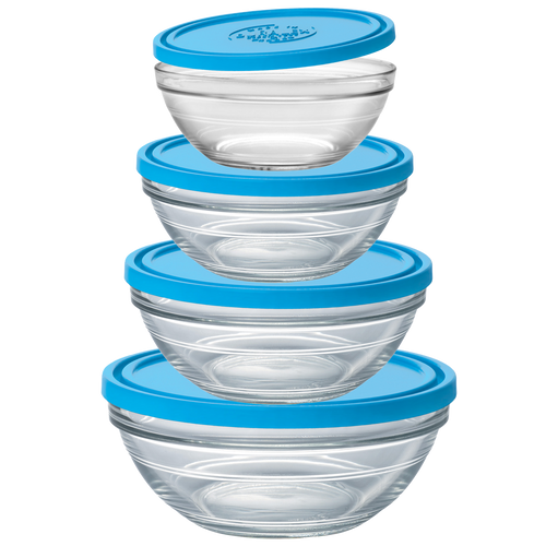 Duralex Freshbox. Four Clear Glass Food Storage Containers with Blue Lids. Quatre contenants de stockage alimentaires en verre transparent avec des couvercles bleus.