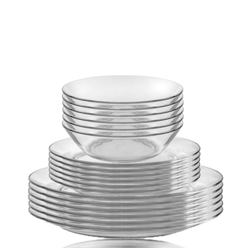 Lys Clear Glass Dinnerware Set (18-Piece) – 6 Dinner Plate, 6 Dessert And 6 Calotte Plates