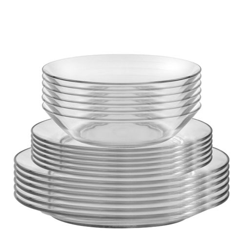 Duralex Lys. 18 Piece Clear Glass Tableware Set - Dinner Plates, Dessert Plates, and Bowls. L'ensemble de vaisselle en verre transparent de 18 pièces - des assiettes à dîner, des assiettes à dessert et des bols.