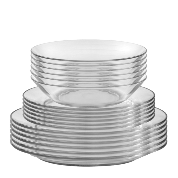 Duralex Lys. 18 Piece Clear Glass Tableware Set - Dinner Plates, Dessert Plates, and Bowls. L'ensemble de vaisselle en verre transparent de 18 pièces - des assiettes à dîner, des assiettes à dessert et des bols.