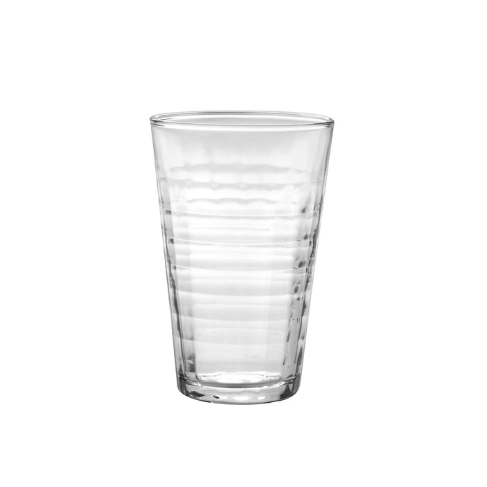 Duralex Prisme. Clear tall glass with elegant embossed check pattern. Le Verre haut transparent avec un élégant motif à carreaux embossé.