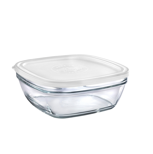 Duralex Freshbox. Clear Square Glass Food Container with White Lid. Le contenant alimentaire en verre transparent carré avec couvercle blanc.