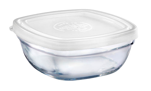 Duralex Freshbox. Square Clear Glass Food Containers with White Lid. Contenants alimentaires carrés en verre transparent avec couvercle blanc.