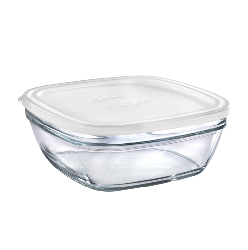 Duralex Freshbox. Clear Square Glass Food Container with White Lid. Le contenant alimentaire en verre transparent carré avec couvercle blanc.