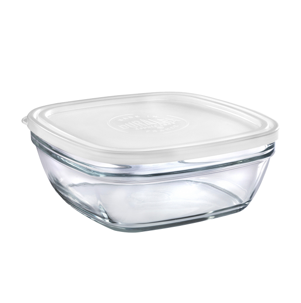 Duralex Freshbox. Clear Square Glass Food Container with White Lid. Le contenant alimentaire en verre transparent carré avec couvercle blanc.