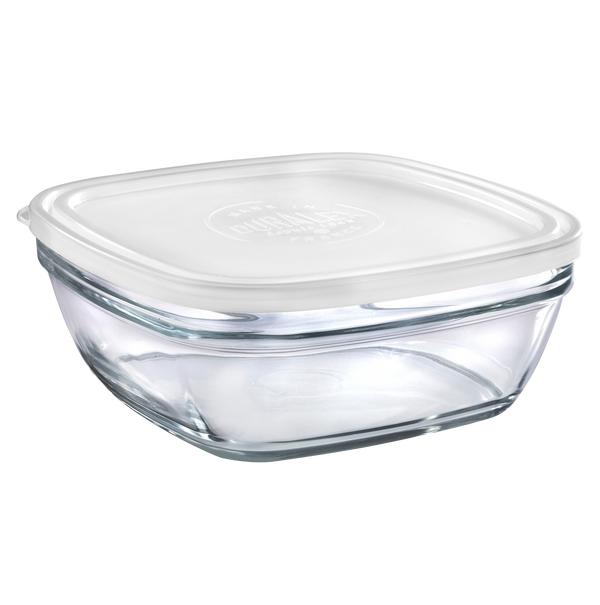 Duralex Freshbox. Clear Square Glass Food Container with White Lid. Le contenant alimentaire en verre transparent carré avec couvercle blanc.