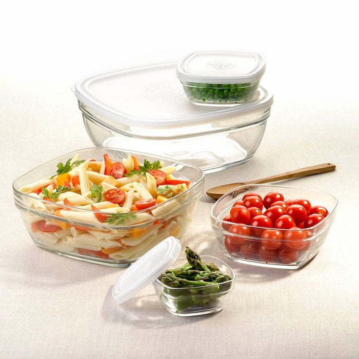 Duralex Freshbox. Clear Square Glass Food Container with White Lid. Le contenant alimentaire en verre transparent carré avec couvercle blanc.