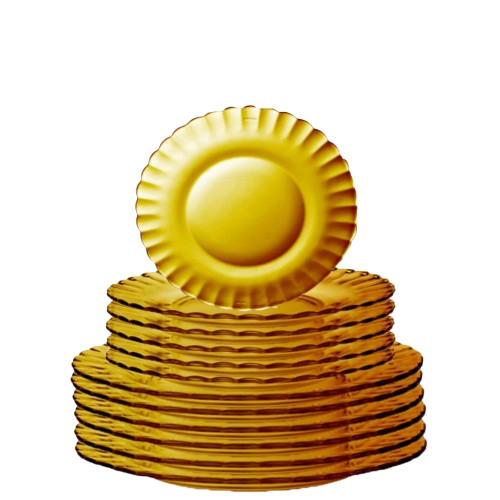 Duralex Le Picardie. 12 Piece Amber Yellow Glass Dinnerware Set. Dinner Plates and Dessert Plates. L'ensemble de vaisselle en verre jaune ambré de 12 pièces. Des assiettes à dîner et des assiettes à dessert.