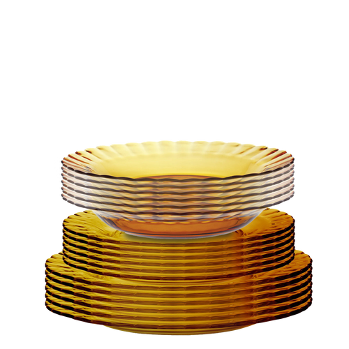 Duralex Le Picardie. 18 Piece Dinnerware Set. Six amber yellow glass dinner plates, six amber yellow glass dessert plates, six amber yellow glass bowls all with beveled edges. Ensemble de vaisselle de 18 pièces. Six assiettes à dîner en verre jaune vermeil, six assiettes à dessert en verre jaune vermeil, six bols en verre jaune vermeil, tous avec des bords biseautés.