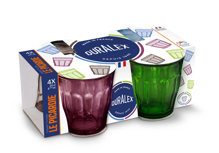 Duralex Le Picardie. The four glass tumblers as packed.  Les quatre verres en verre tels qu'ils sont emballés.