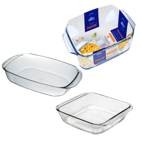 Duralex Ovenchef. 3 Piece Clear Glass Bakeware Set - Square Roster, Rectangular Roaster, Large Square Roaster. L'Ensemble de vaisselle de cuisson en verre transparent de 3 pièces - Plat à rôtir carré, plat à rôtir rectangulaire, grand plat à rôtir carré.