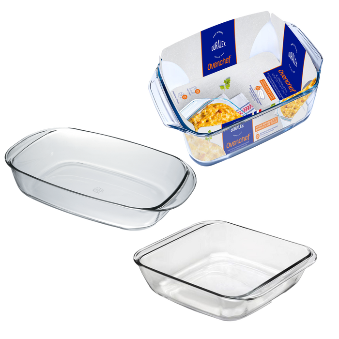 Duralex Ovenchef. 3 Piece Clear Glass Bakeware Set - Square Roster, Rectangular Roaster, Large Square Roaster. L'Ensemble de vaisselle de cuisson en verre transparent de 3 pièces - Plat à rôtir carré, plat à rôtir rectangulaire, grand plat à rôtir carré.