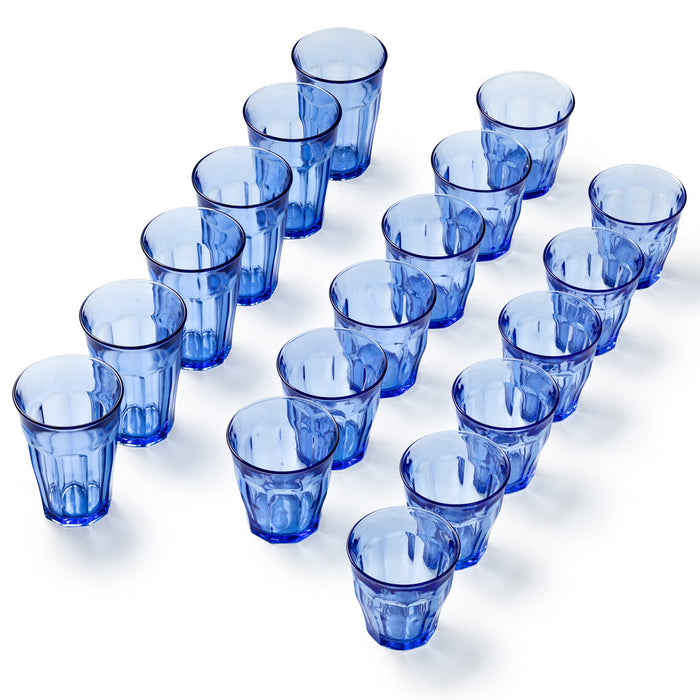 Duralex Le Picardie. 18 piece set Marine Blue Glass Tumblers in Small Medium and Large. Ensemble de 18 pièces de verres en verre bleu marine de petite taille, taille moyenne et grande taille.