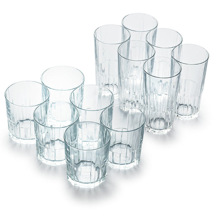 Duralex Jazz. 12 Piece Clear Drinking Glasses in Medium and Large. L'Ensemble de 12 verres à boire transparents en taille moyenne et grande.
