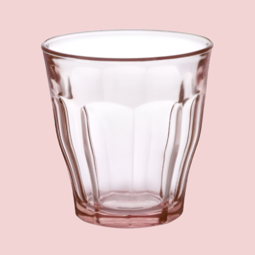 Duralex Le Picardie. Iconic medium pink glass tumbler. Le verre iconique de taille moyenne en verre rose.